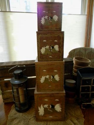 4 Vtg Dovetail Wood/wooden Nesting~stacking Pantry Boxes~fighting Cocks Roosters photo