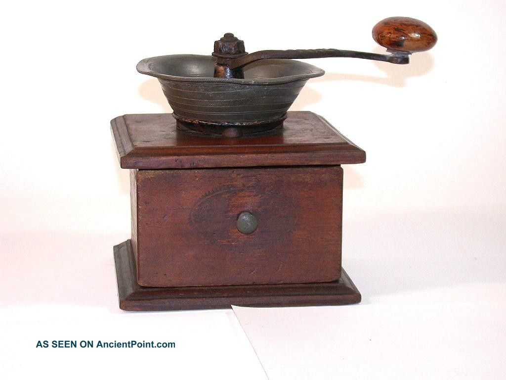 Adams Coffee Grinder Pewter Fixtures Red Ware Handle Primitives photo