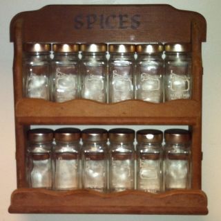Antique Farmhouse Wooden Spice Rack With Labeled Glasses photo