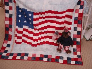 Primitive Hand Crafted American Flag Quilt Wall Hanging photo