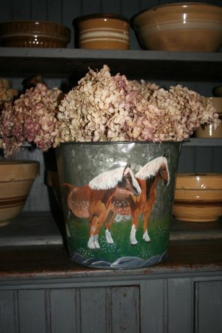 Antique Primitive Signed Folk Art Hand Painted Metal Farm Bucket/pail Horses photo