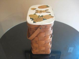 Antique Vintage Wood Wooden Woven Tall Basket With Handle And Decopage Wood Lid photo