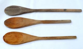 3 Primitive Farmhouse Wood Spoons,  10 