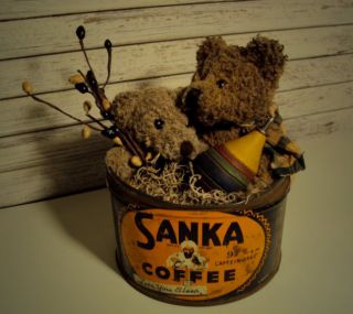 Primitive Folk Art Country Terry Bear Doll Ornie Vintage Toy Top Coffee Can photo