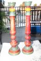 Primitive Antique Wooden Candlesticks Old Red,  Yellow,  Green Paint Primitives photo 9
