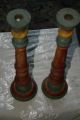 Primitive Antique Wooden Candlesticks Old Red,  Yellow,  Green Paint Primitives photo 11