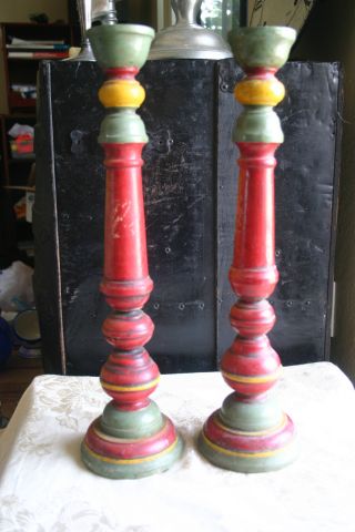 Primitive Antique Wooden Candlesticks Old Red,  Yellow,  Green Paint photo
