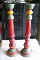 Primitive Antique Wooden Candlesticks Old Red,  Yellow,  Green Paint Primitives photo 1