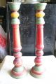 Primitive Antique Wooden Candlesticks Old Red,  Yellow,  Green Paint Primitives photo 2