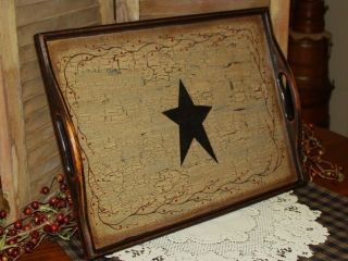 Vintage Primitive Wood Tray Tan Crackle Black Star Pip Berries Country Decor photo