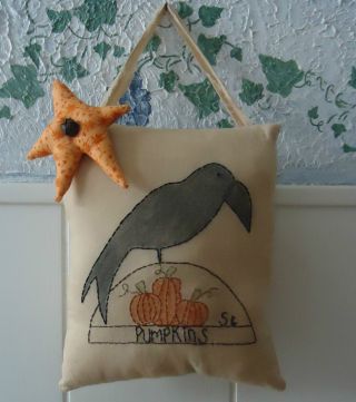 Primitive Decorative,  Tea Dyed,  Crow & Pumpkins Stitchery Pillow Hand Made photo