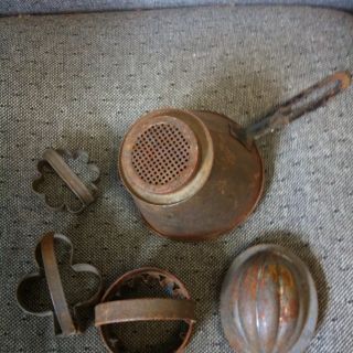 Possible 18th Century Tin Kitchen Sifter And 5 Cookie Cutters photo