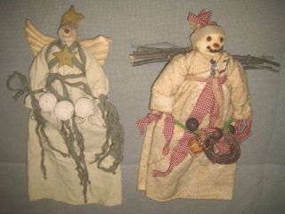 Handmade Primitive Country Folk Art Snowman Snow Angel Rag Doll Pair photo