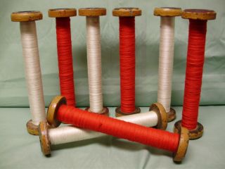 8 Vintage Textile Wooden Textile Mill Spools,  Bobbins W/yarn photo