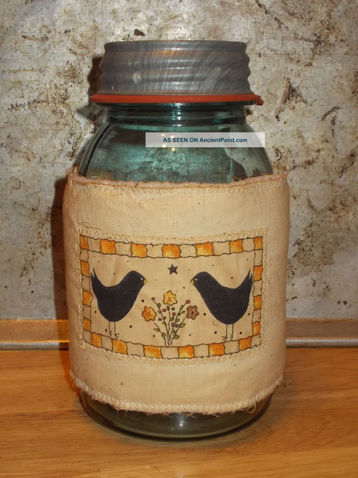 Primitive Fall Folk Art Autumn Crows Prim Quilted Jar Candle Wrap/cozy Ornie Primitives photo