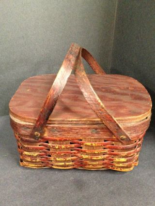 Aafa Child/ Doll/ Sample Size Primitive Red Painted Picnic Basket,  Lift Lid photo