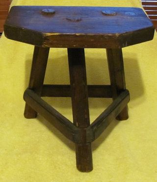 Antique Hand Wooden 1800s Oak Wood Square Head Nail Ranch Milk/milking Stool photo