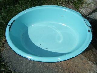 Antique Enamel Porcelain Wash Tub Bowl Basin Aqua Blue Blue Green Striking Decor photo