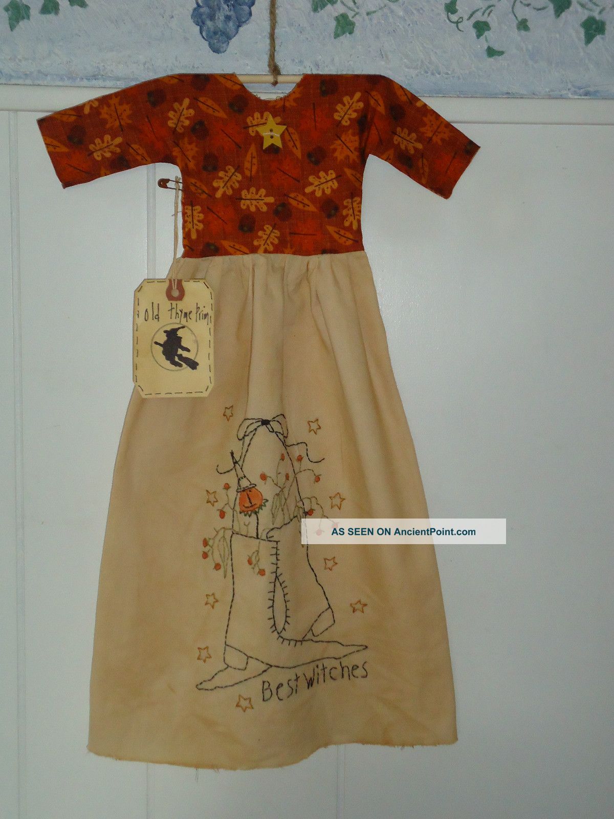 Primitive Decorative,  Tea Dyed,  Halloween Stitchery Dress,  Hand Made Doll Primitives photo