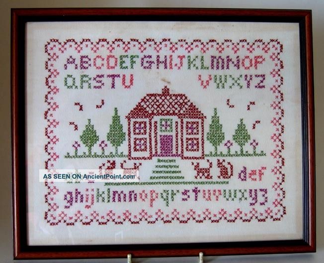Antique/vintage ~ Embroidered Alphabet/house/animals Sampler ~ Framed Samplers photo