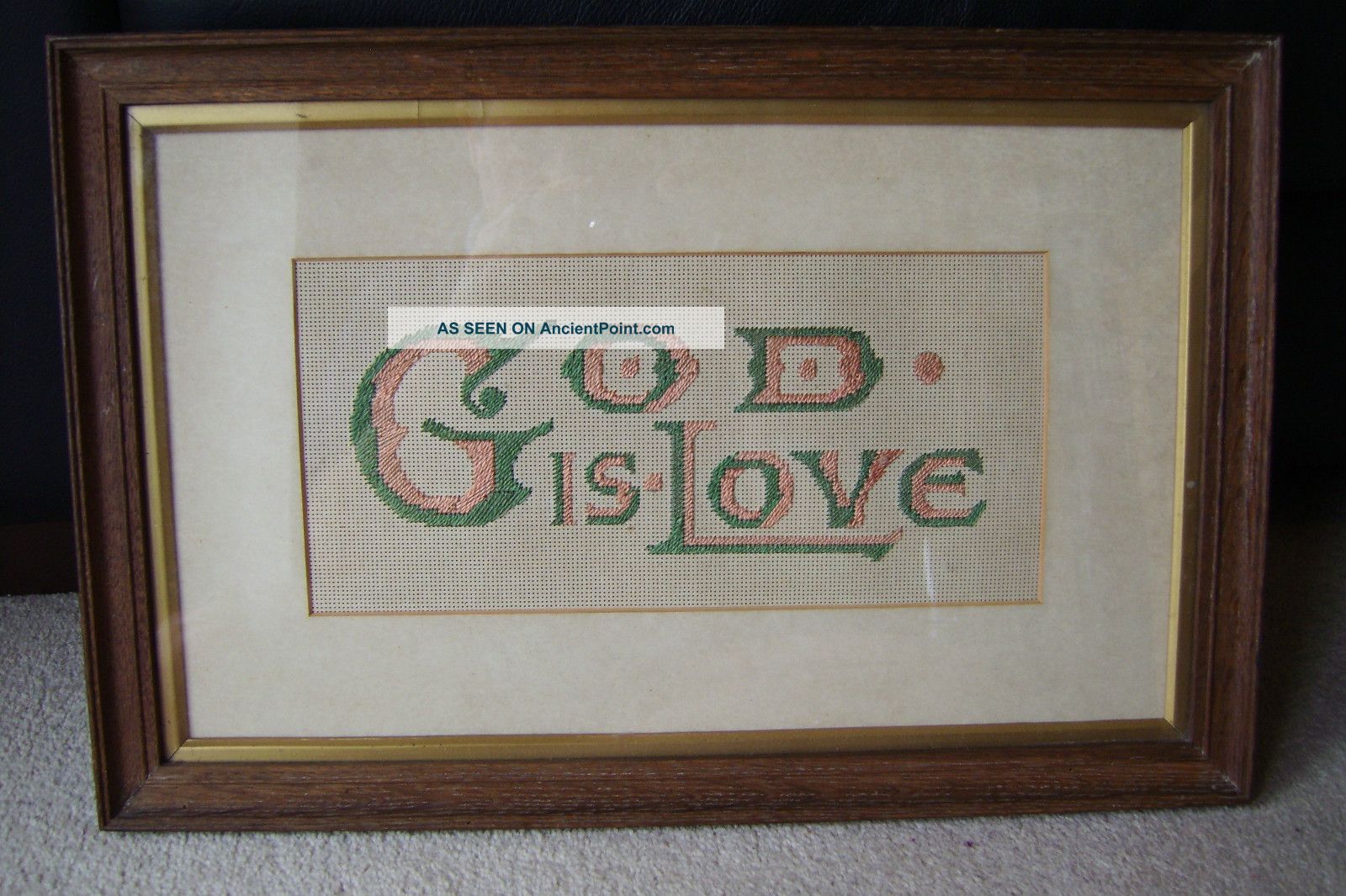 God Is Love Old Paper Punch Sampler In Wooden Frame Samplers photo