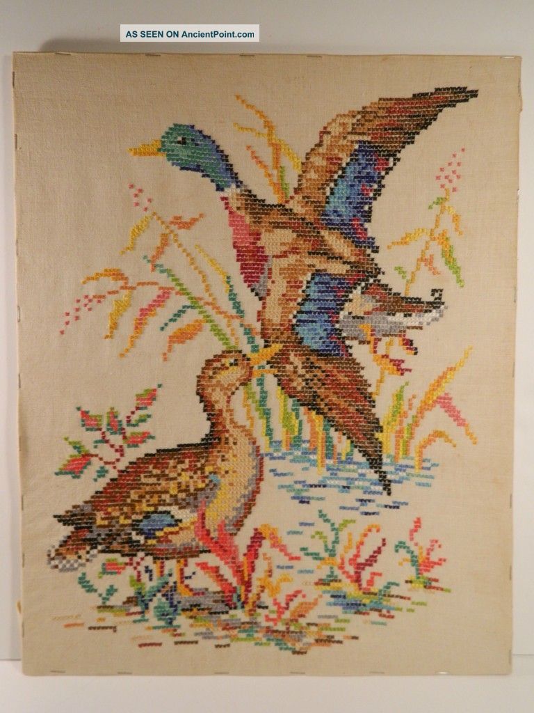 Pheasant~ Large Vintage Sampler On Linen~birds Cross Stitch Antique Samplers photo