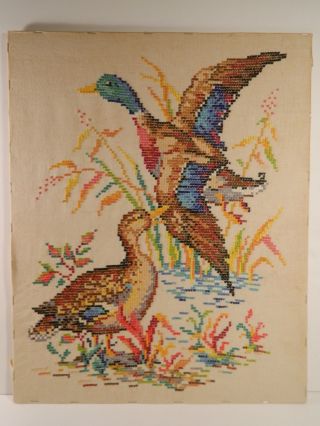 Pheasant~ Large Vintage Sampler On Linen~birds Cross Stitch Antique photo