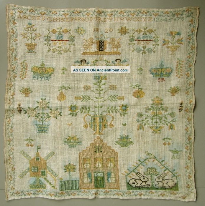 1820 Stunning Dutch Sampler Amsterdam Coat Of Arms House Windmill Angels Crown Samplers photo