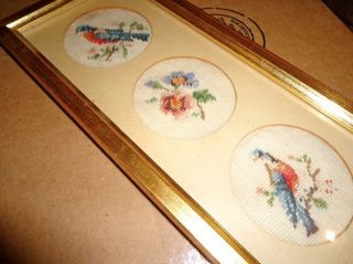 Old Gold Framed Petit Point Sampler Featuring Two Robins And Flowers. photo