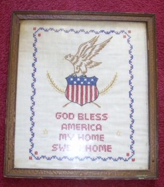 God Bless America - Old Framed Embroidered Sampler photo