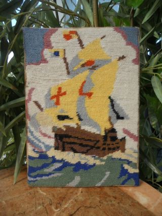 Sailing Ship Galleon Boat - Vintage Antique Wool Tapestry Needlework Picture photo