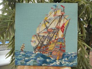 Vintage Completed Wool Tapestry Needlework Picture Sailing Ship Boat Galleon Sea photo