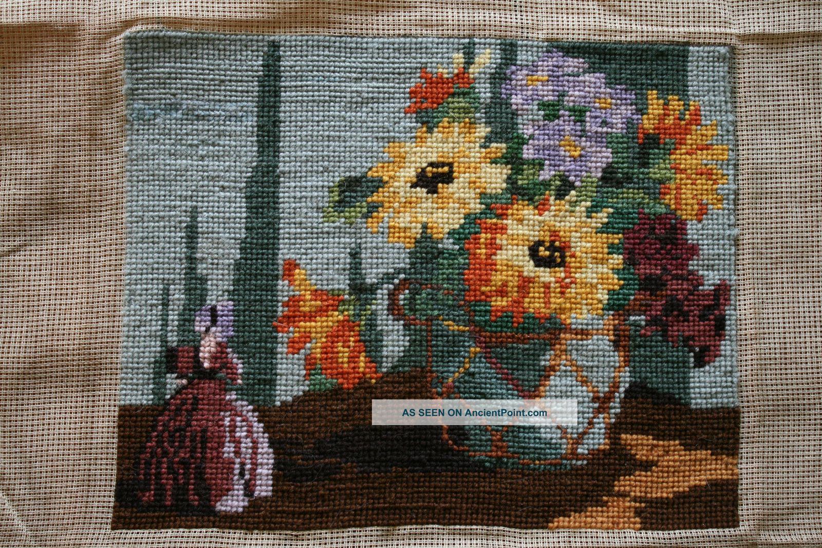 Vintage Completed Tapestry,  Crinoline Lady Ornament & Jug Autumn Flowers Tapestries photo