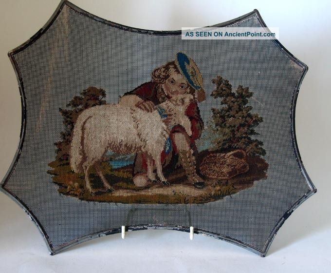 Antique Victorian ~berlin Wool Work~ Fire Face Screen Tapestry On Wire Mesh Tapestries photo