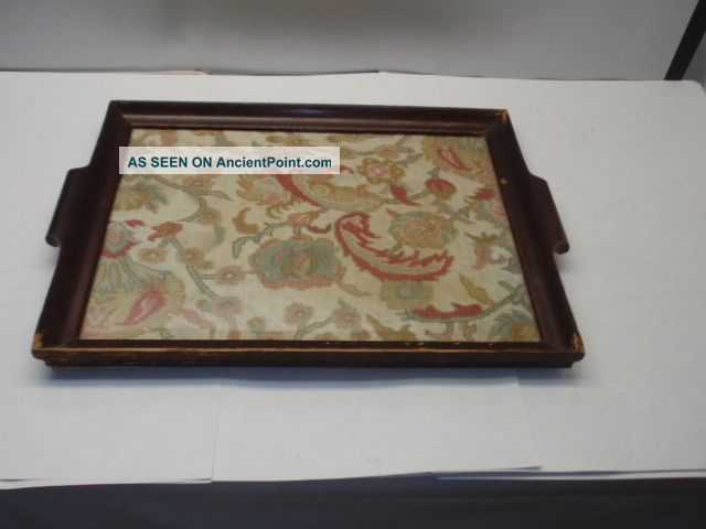 Antique Flower Needlework Tapestry Glass & Wood Tray Nr Tapestries photo