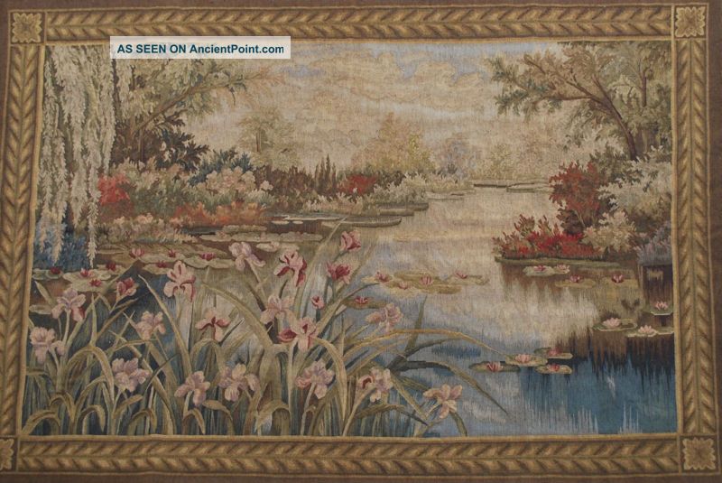 Hand Woven French Aubusson Tapestry,  Lotus Pond,  Wool,  Full Backing,  Easy Hang Tapestries photo