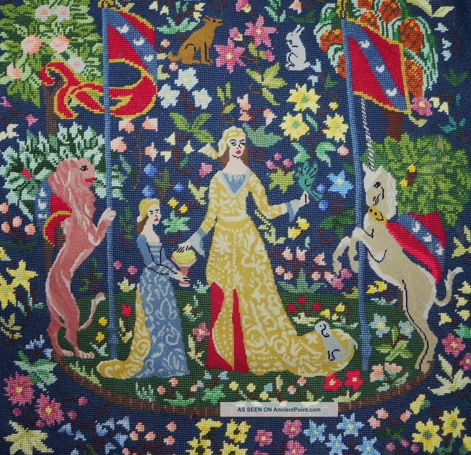 Antique Vintage Completely Needlepoint Medieval Scene Indigo Tapestry Tapestries photo