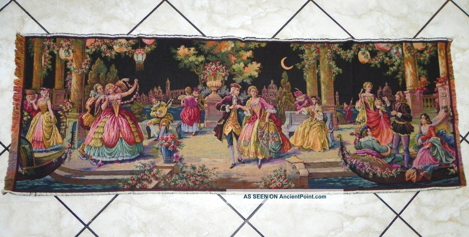 Antique/vintage Belgian Woven Tapestry Victorian Scene In The Night Garden 56x20 Tapestries photo