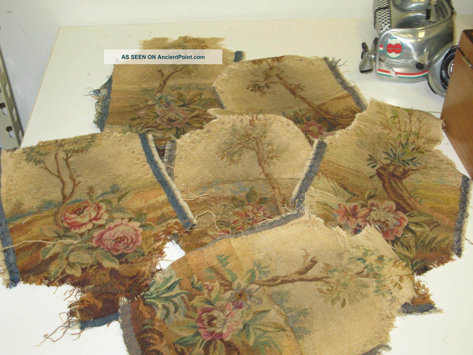 Lot @ 6 Antique French Aubusson Tapestry Arm Rest Pieces Fragments Tapestries photo