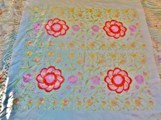 Circa1900 Sage Silk Shawl W/ Embroidered Florals Lovely 16 