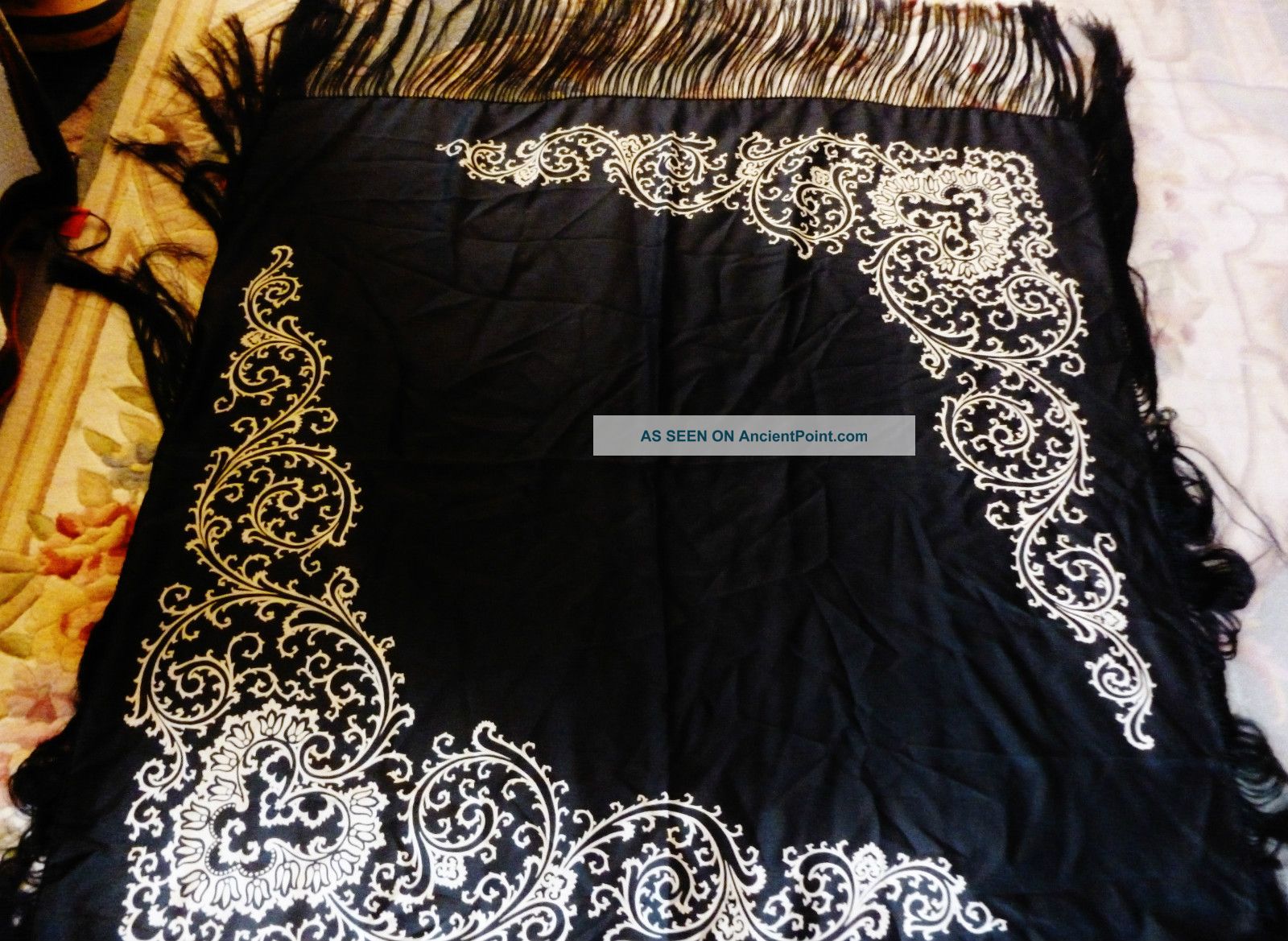 Early Black Silk Paino Shawl / Table Cover W/ Black Silk 11 