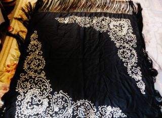 Early Black Silk Paino Shawl / Table Cover W/ Black Silk 11 