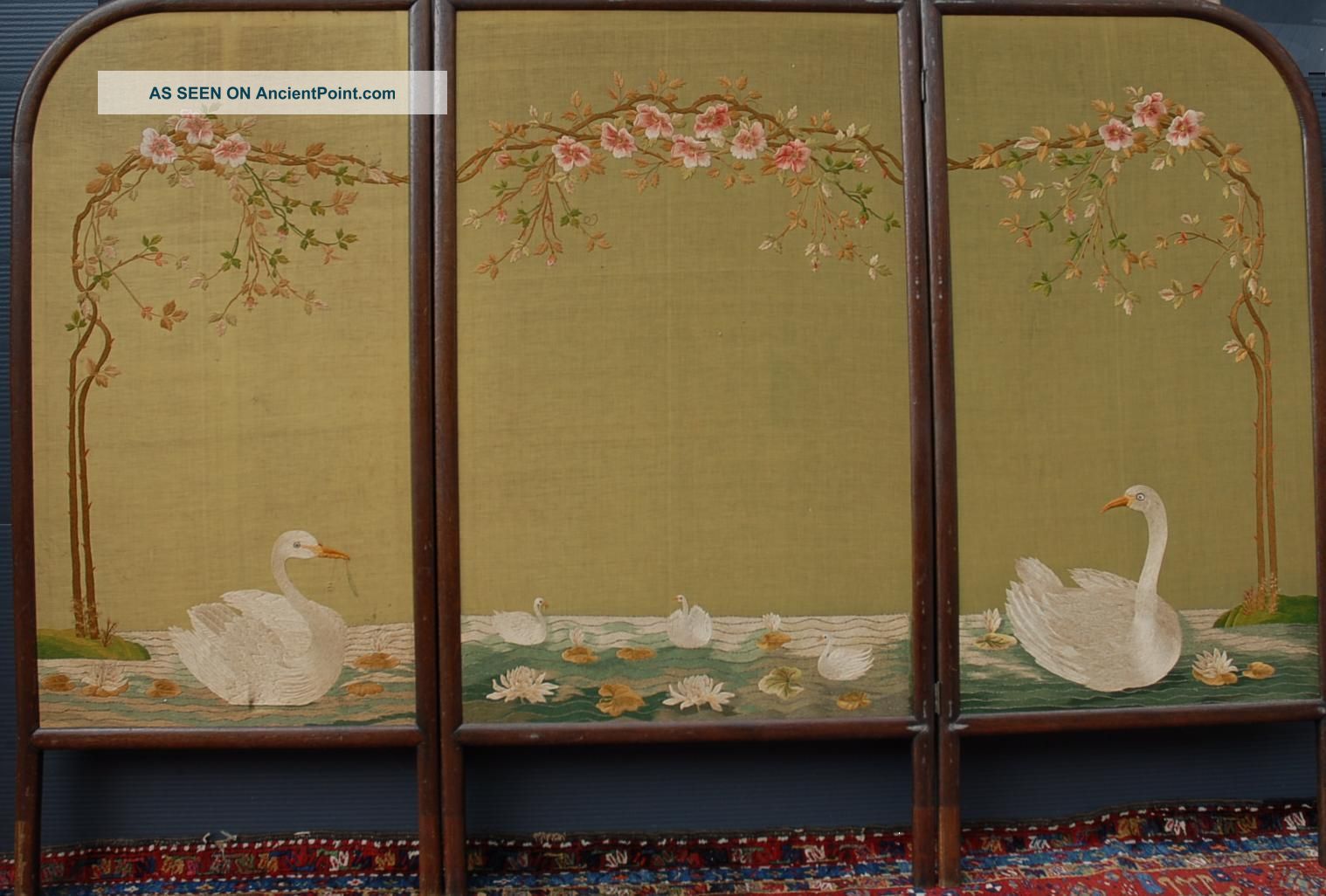 Antique Wood Three - Fold Screen With Floral Needle Work,  Swan Family Tapestries photo