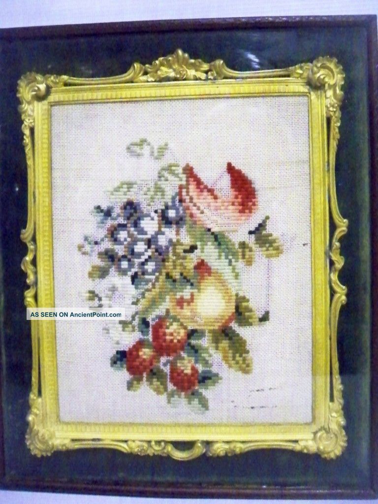 Late 19th Century Floral Tapestry In A Wonderful Gilt,  Leather And Glass Case. Tapestries photo