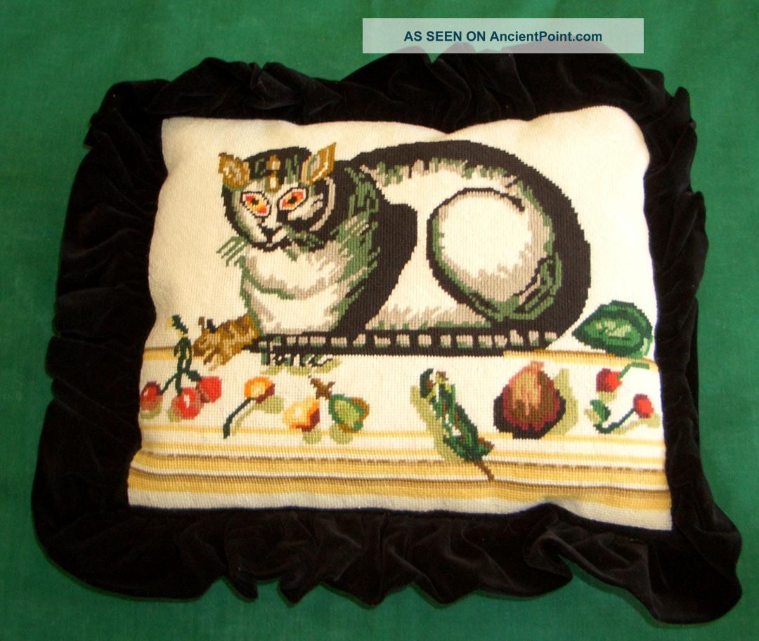 Antique Vintage Needlepoint Pillow Cat Motif Folk Art Circa 1930s Velvet Back Tapestries photo