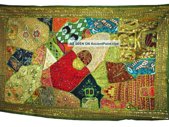 Wall Tapestry Handmade Green Beaded Vintage Sari Large Wall Hanging Throw Tapestries photo
