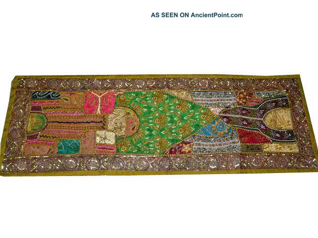 Olive Green Beaded Sequin Sari Wall Hanging Table Runner Wall Tapestry Throw 60 
