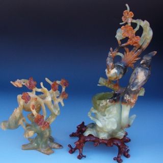Estate Coll.  2 Very Fine Chinese Carved Jade Agate Stone Bird Figural Vase Bowl photo