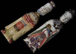 2 Unusual Chinese Carved Ox Bone Painted Imperial Emperor Empress Snuff Bottles photo