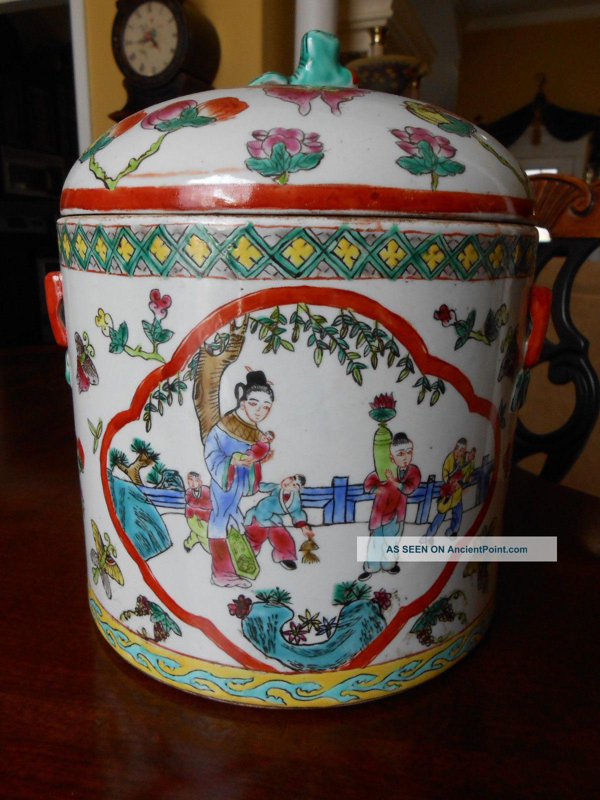 20th C Chinese Ginseng Water Jar Famile Rose Butterfly Boys Foo Dog Vases photo